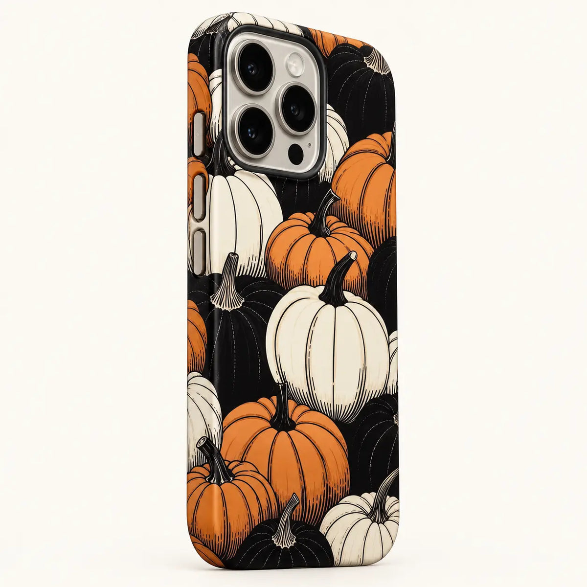 Three side button details on pumpkin-pattern iPhone case