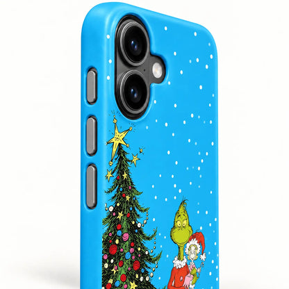 Side-button detail of the blue snowy Christmas iPhone case with three precision buttons