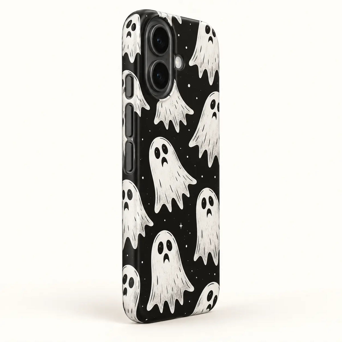 Three-button side detail of the Little Ghost iPhone 16 case