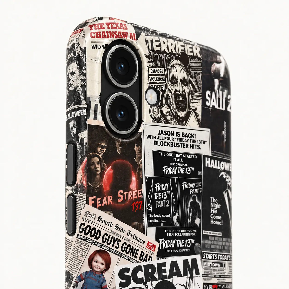 Side button detail of full-wrap vintage horror iPhone case