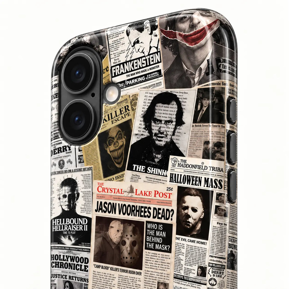 Slim side profile and covered buttons on horror collage iPhone case