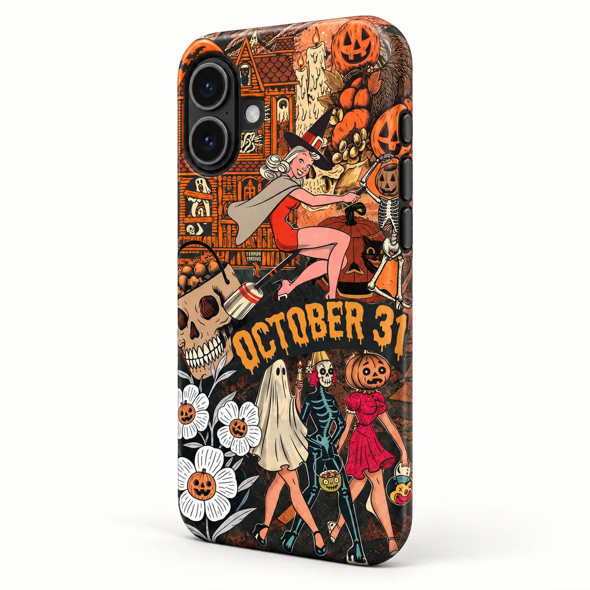 Side-button detail of full-wrap vintage witch iPhone case