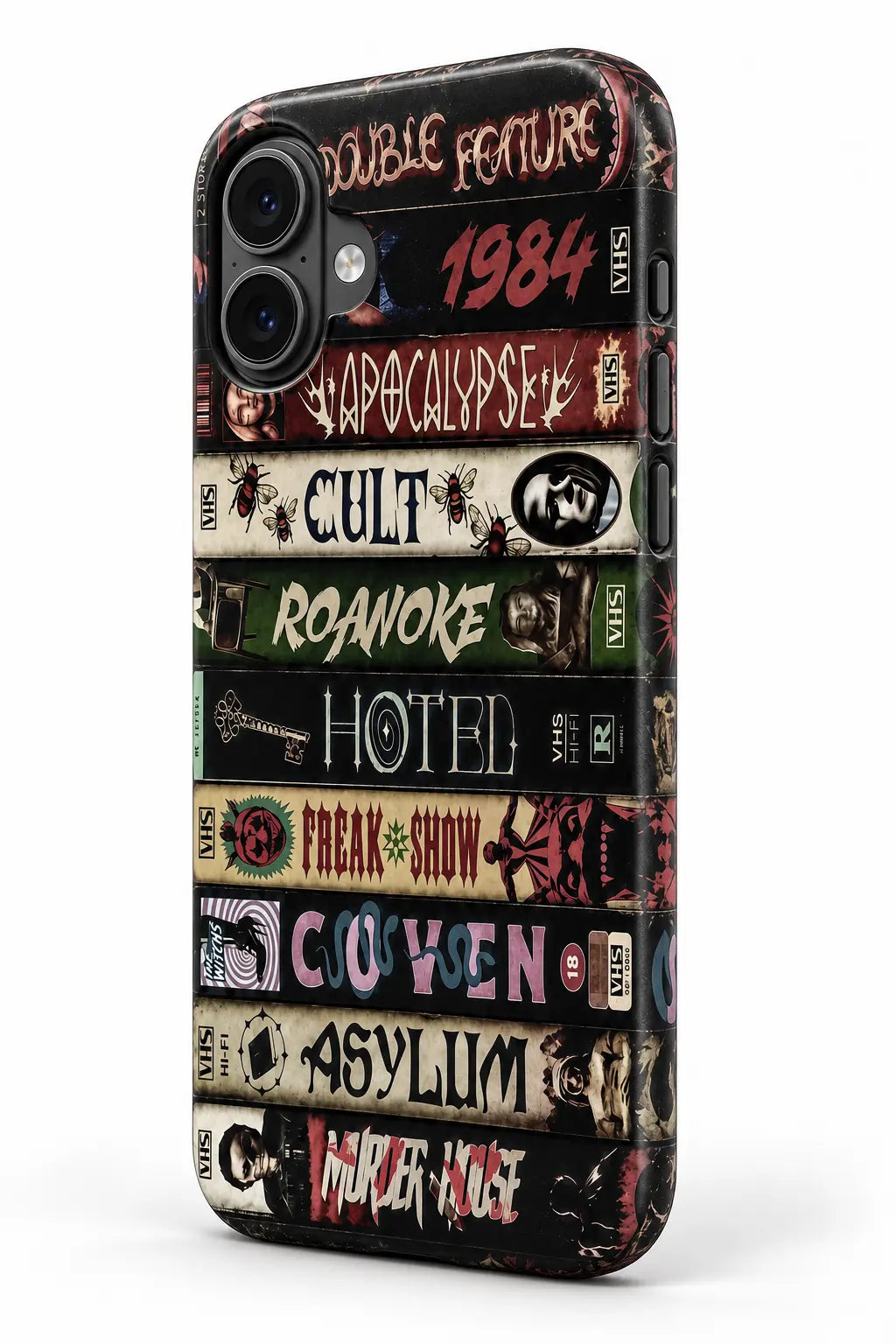 Wrapped side button detail of vintage horror book spine phone case