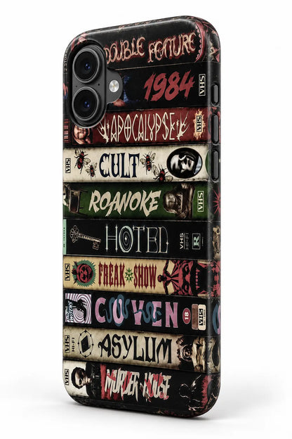 Wrapped side button detail of vintage horror book spine phone case