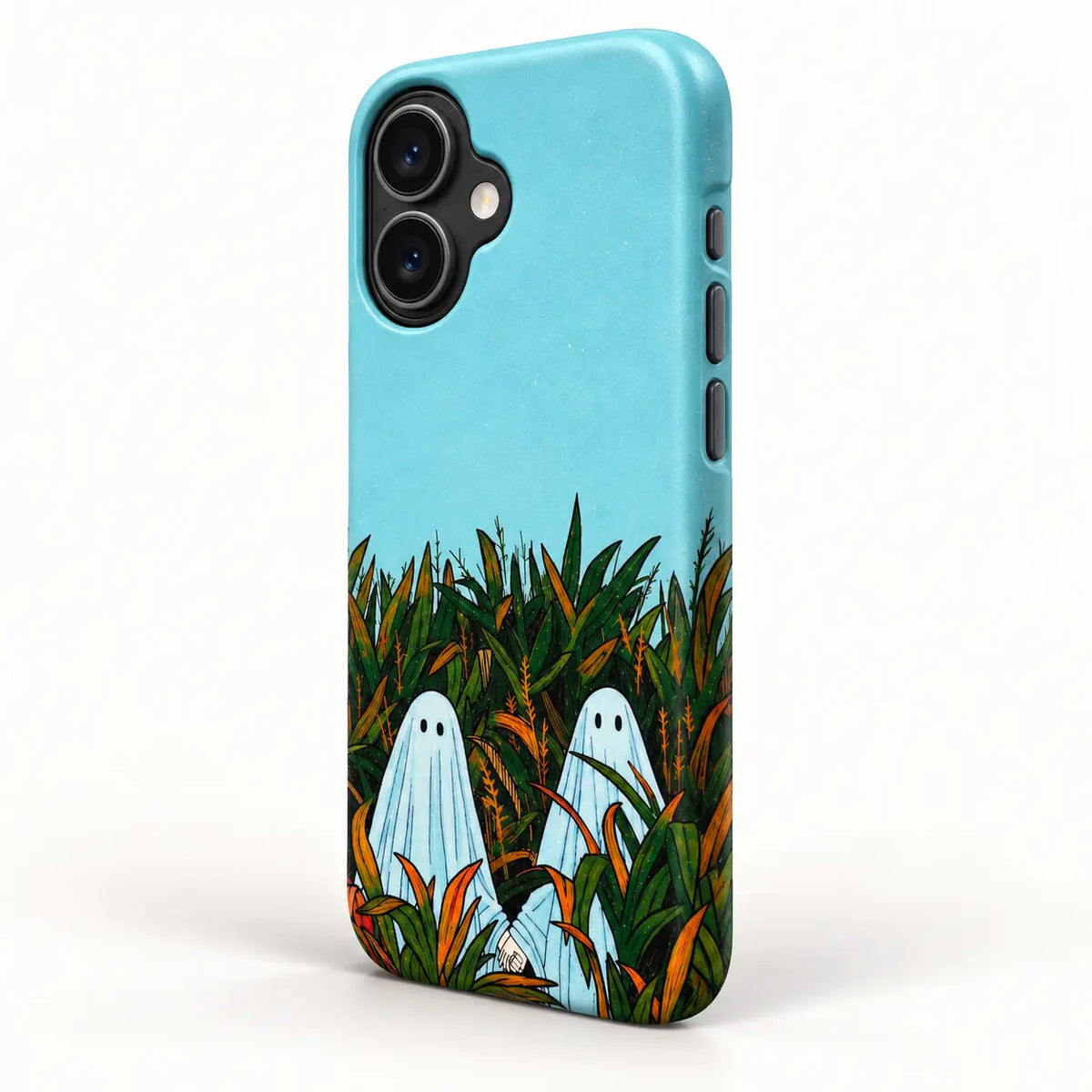 Side button detail of ghosts in the cornfield film phone case