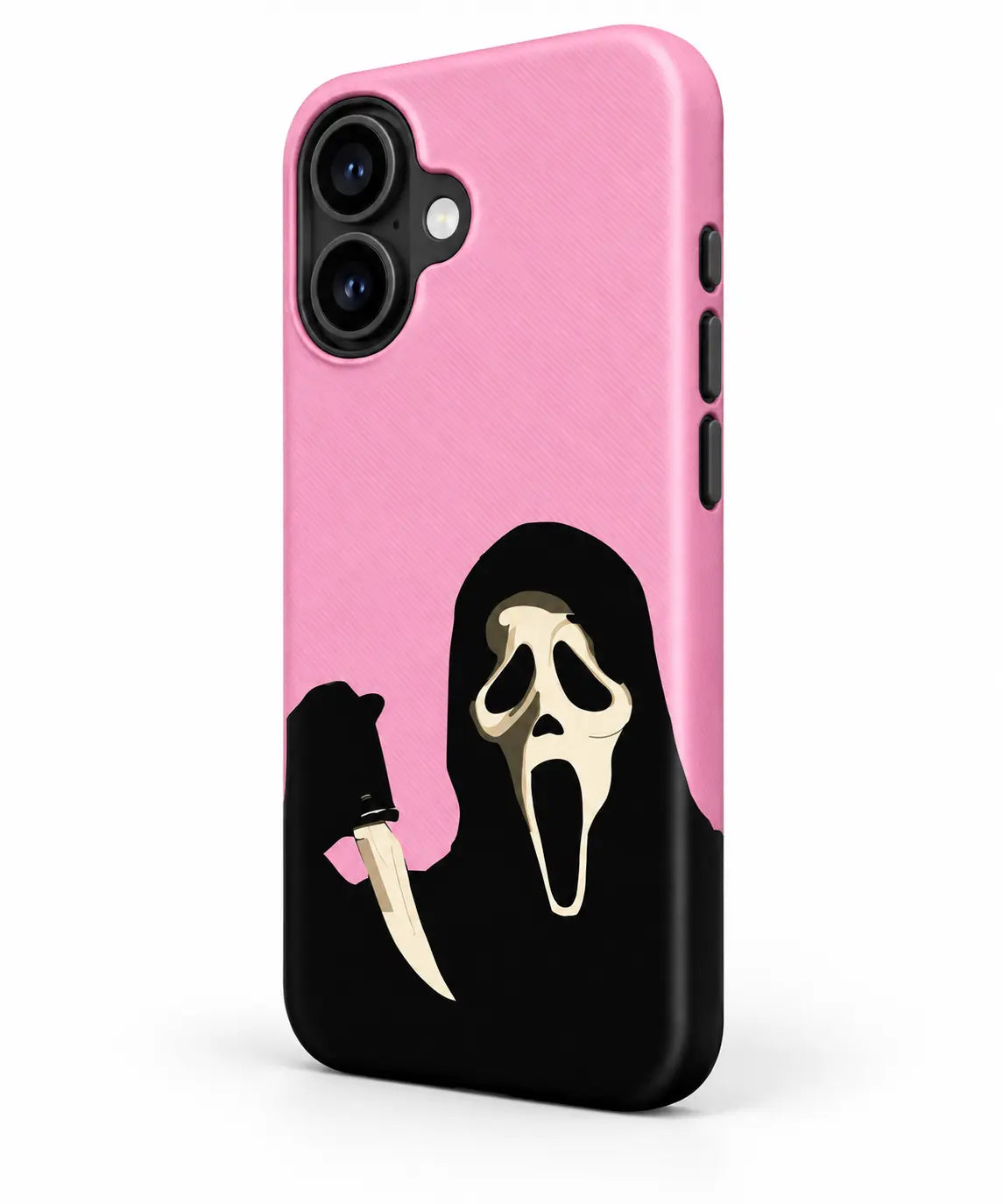 Side button detail of pink scream mask film phone case