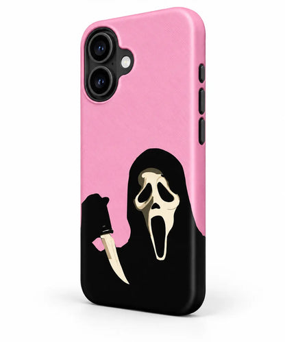 Side button detail of pink scream mask film phone case