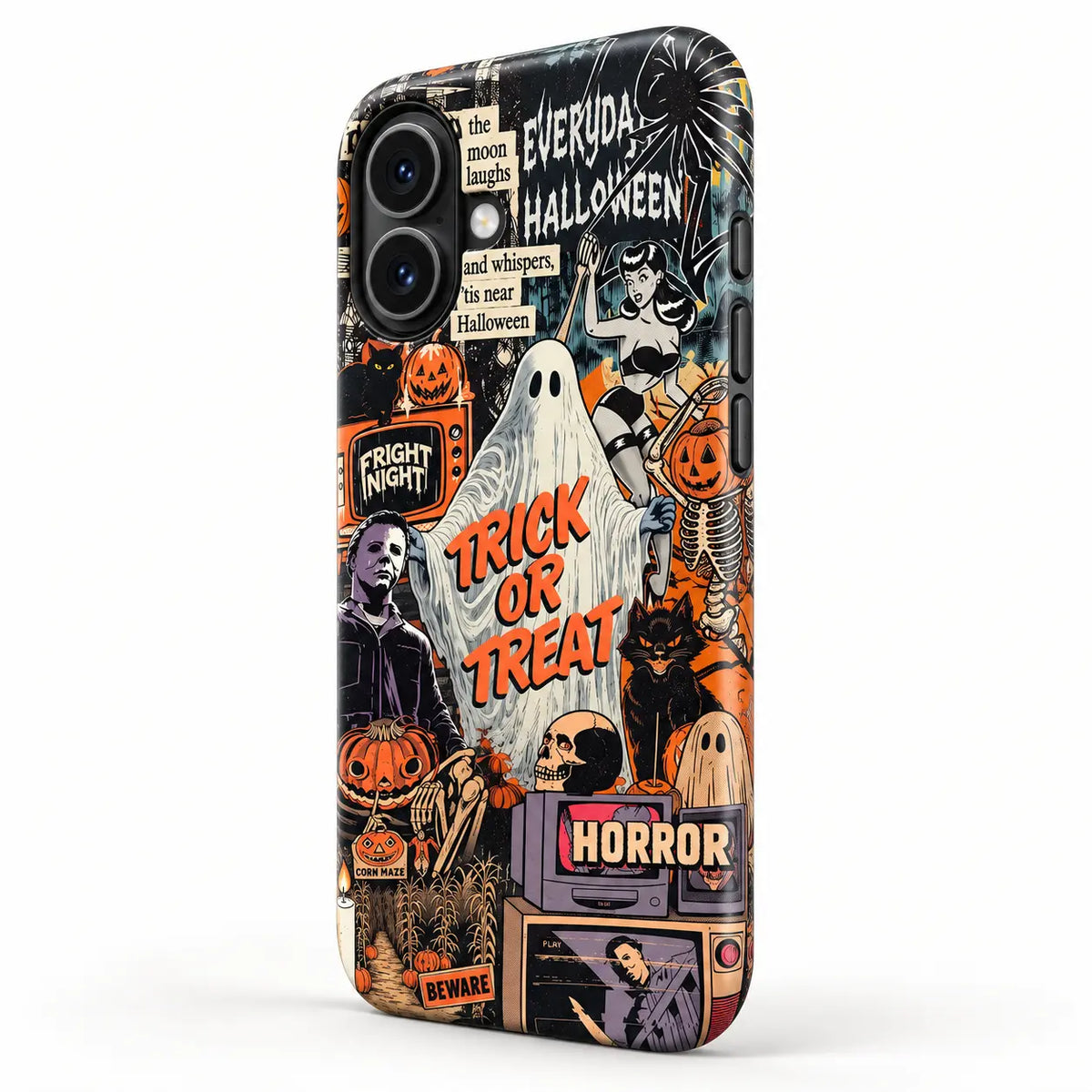 Side-button detail of full-wrap Trick or Treat iPhone case
