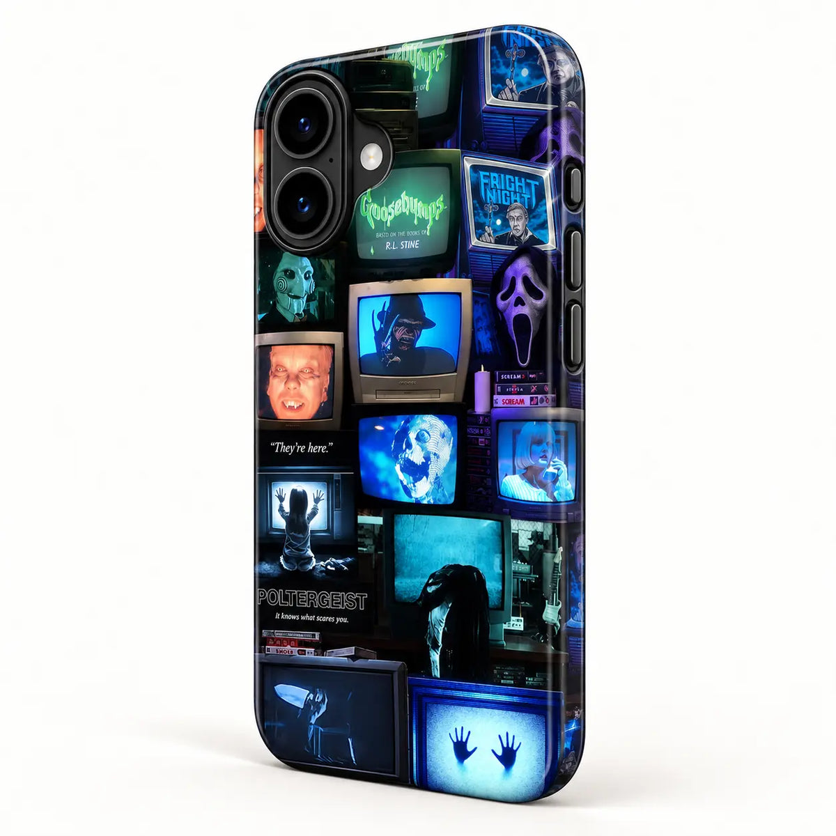 Side-button detail of retro horror iPhone case