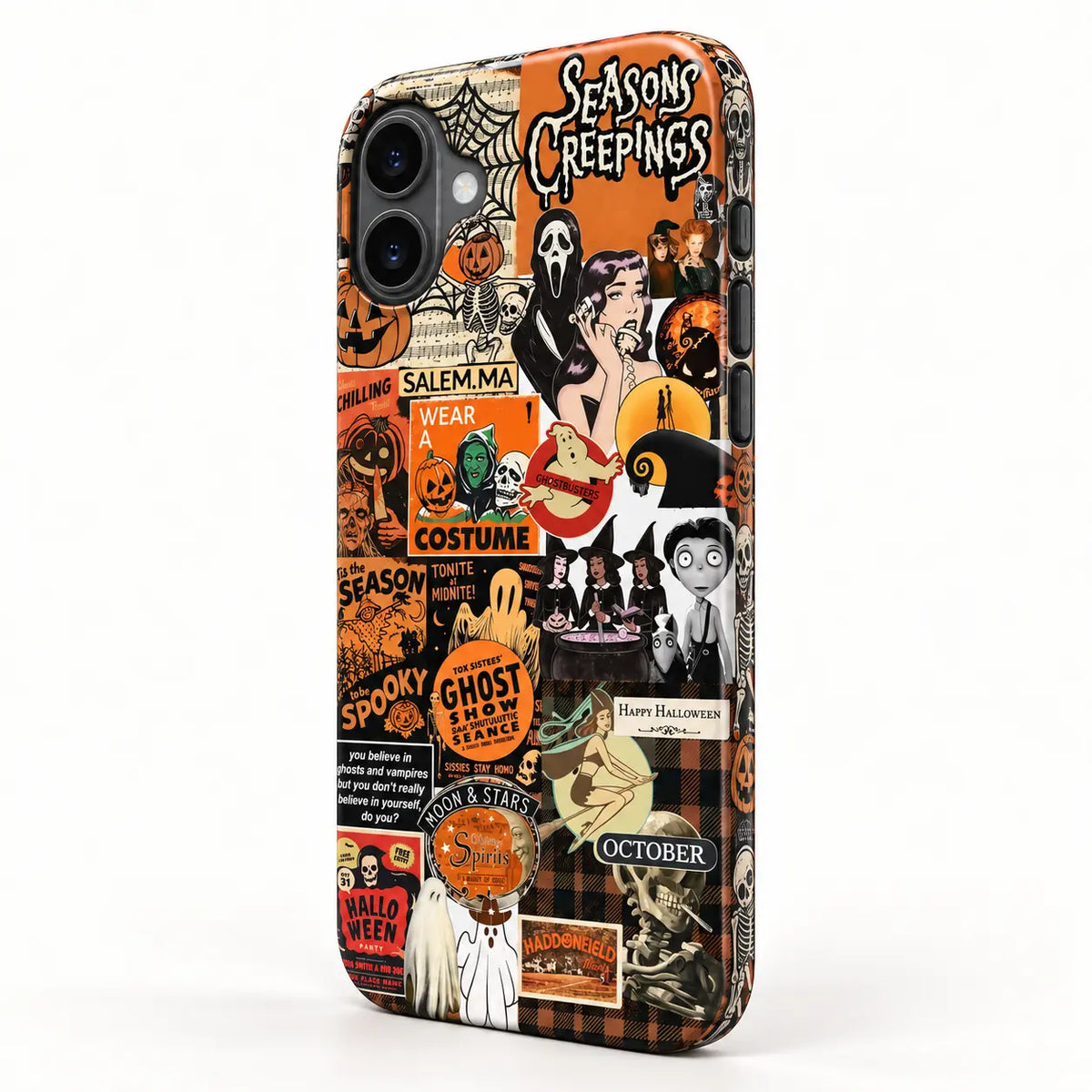 Side-button detail of vintage Halloween iPhone case
