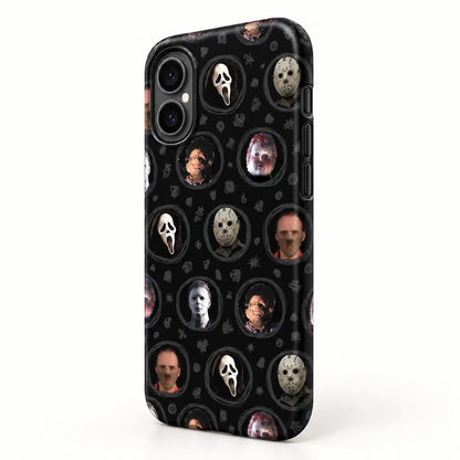 Side button detail of black horror movie portrait film phone case