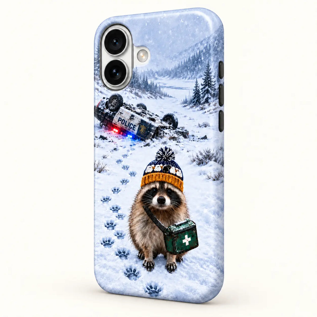 Angled iPhone case showing continuous snow print along the side