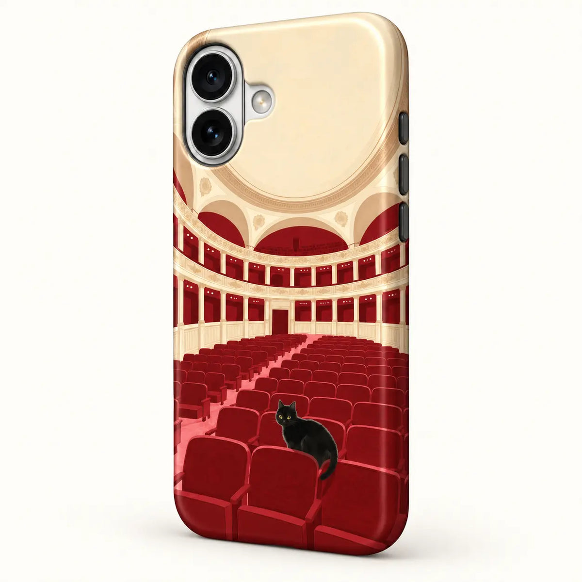 Angled iPhone side view; Black cat among red theater seats with cream balconies