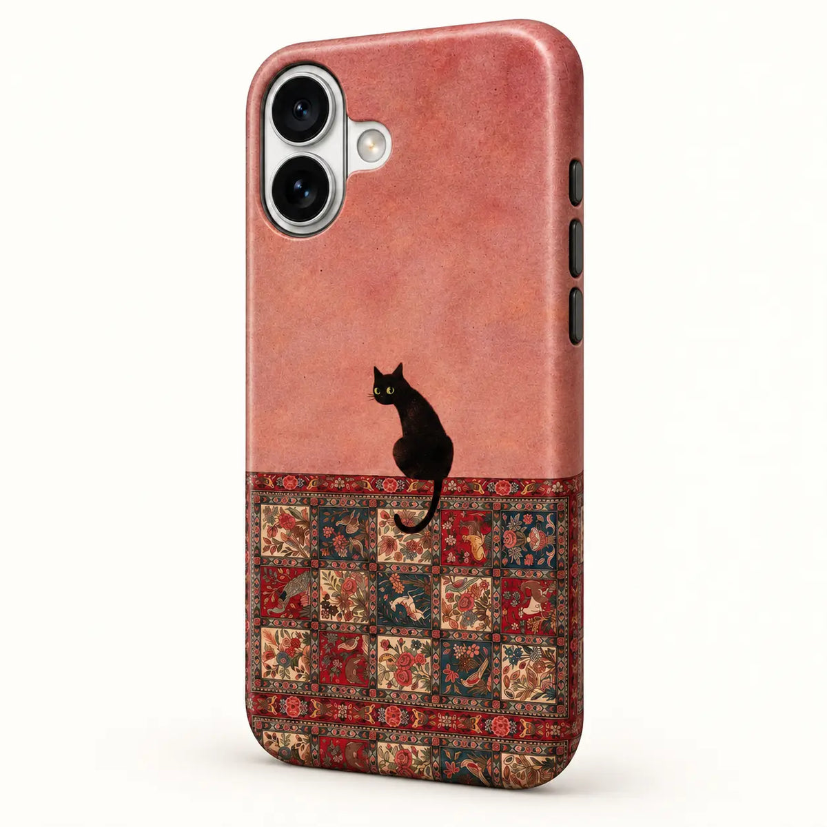 Angled iPhone side view; Black cat above a red, cream and deep teal floral bird rug print