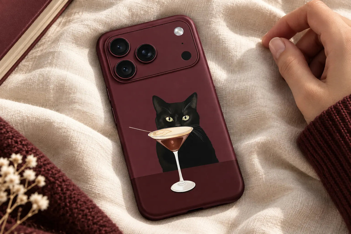 Burgundy black cat cocktail phone case on ivory fabric