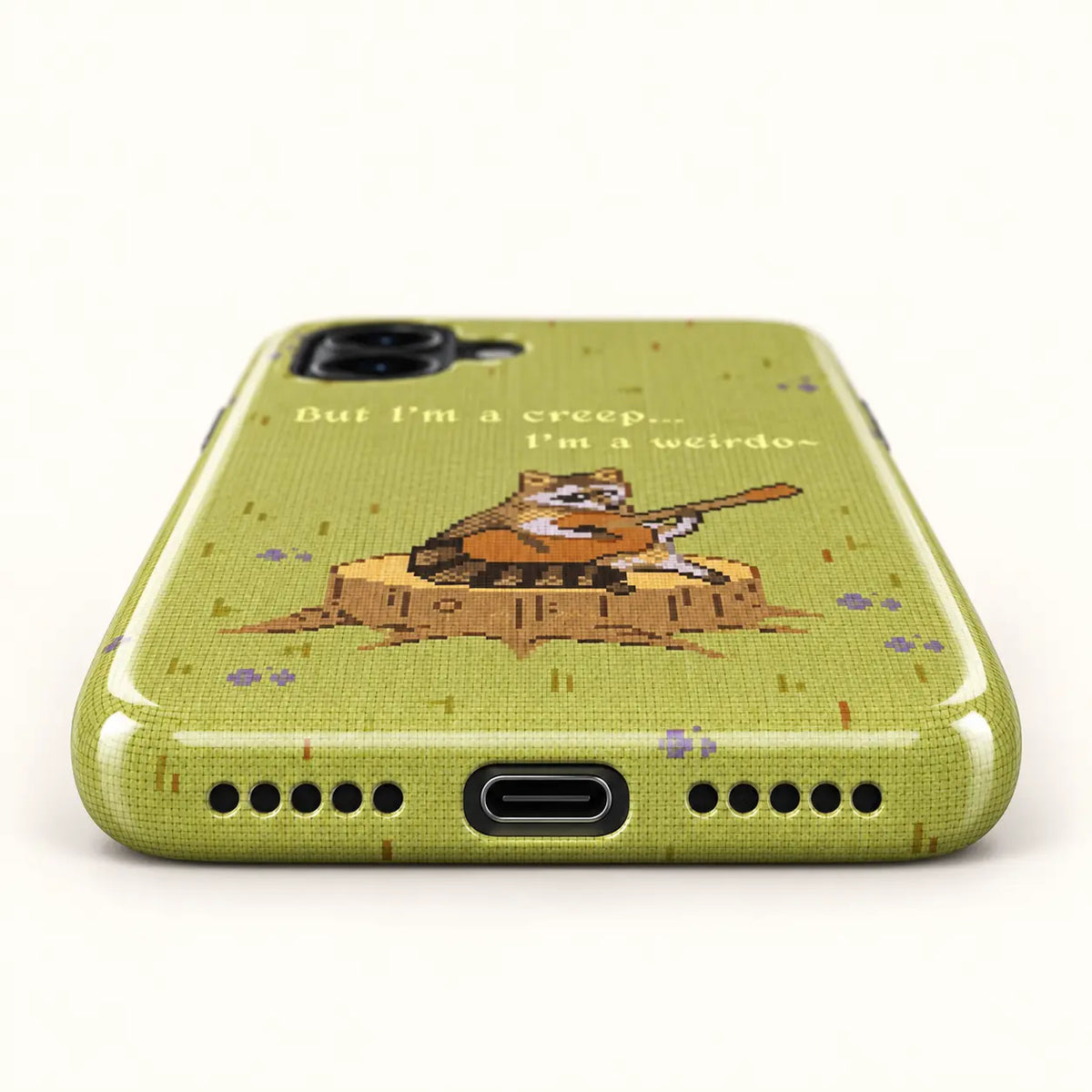 Bottom view of pixel raccoon phone case with USB-C port and ten speaker holes