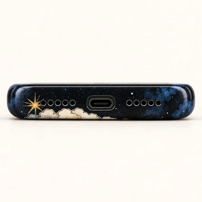 Bottom view of celestial phone case with USB-C port and ten speaker holes