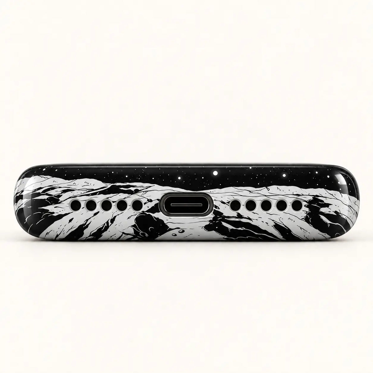 Bottom view of lunar phone case with USB-C port and ten speaker holes