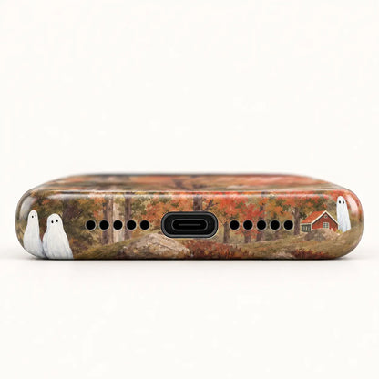 Bottom view of ghost forest phone case with USB-C port and ten speaker holes