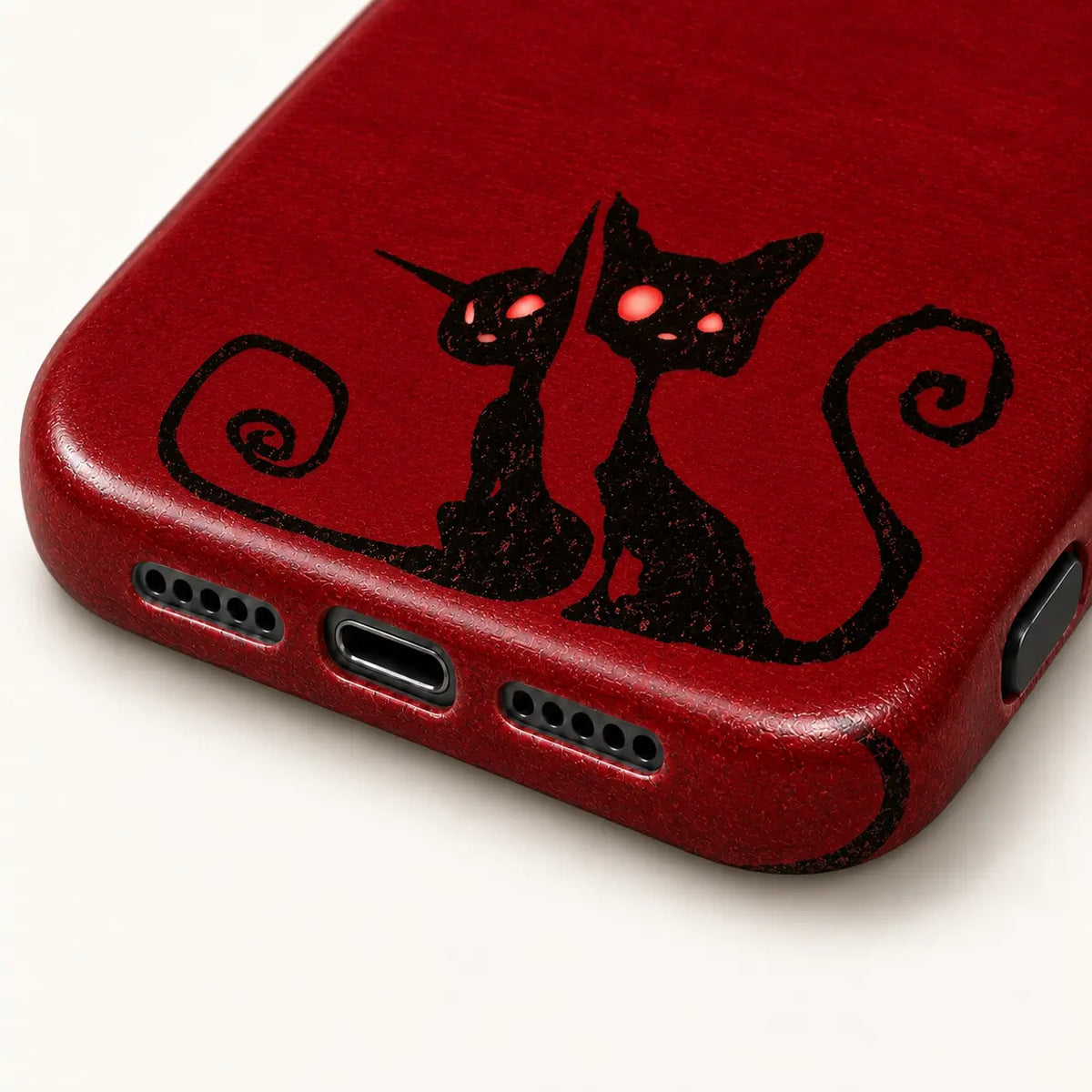 Close-up of the red phone case's bottom corners and port openings beneath two black cats with spiral tails