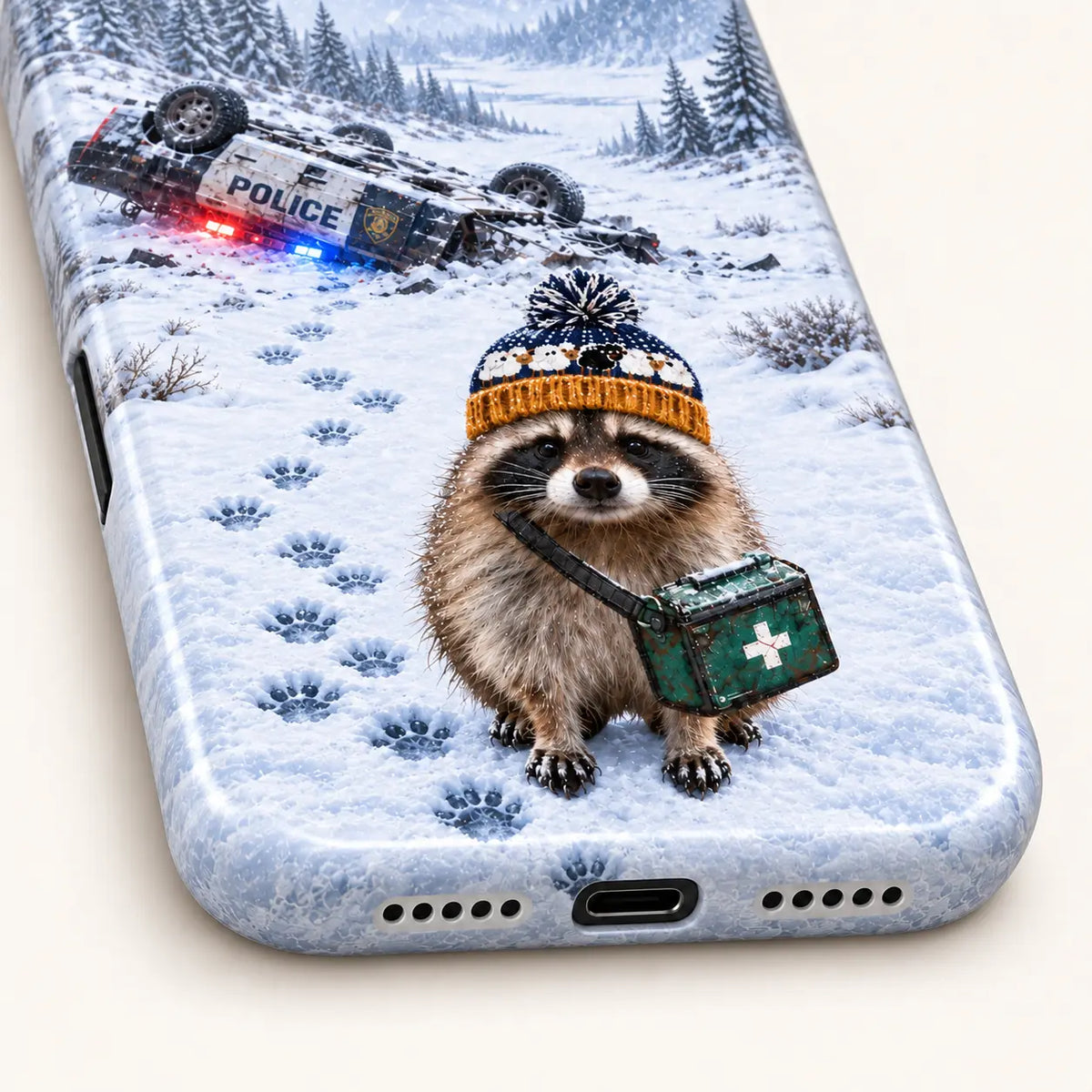 iPhone bottom close-up with charging port, speaker openings and snow print