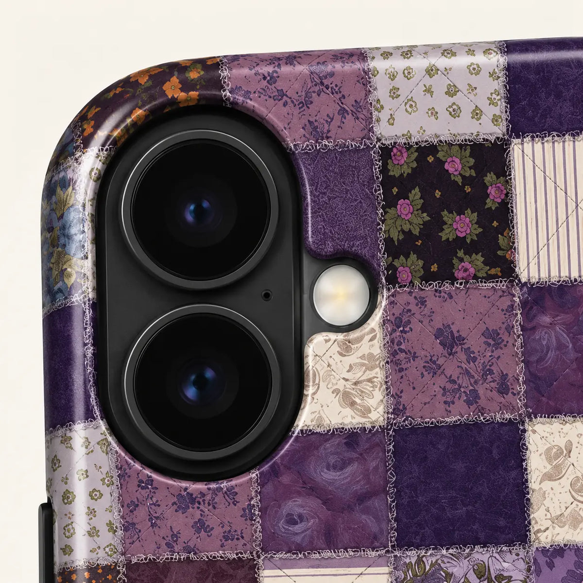 Camera surround close-up with purple floral patchwork printed around the upper corner.