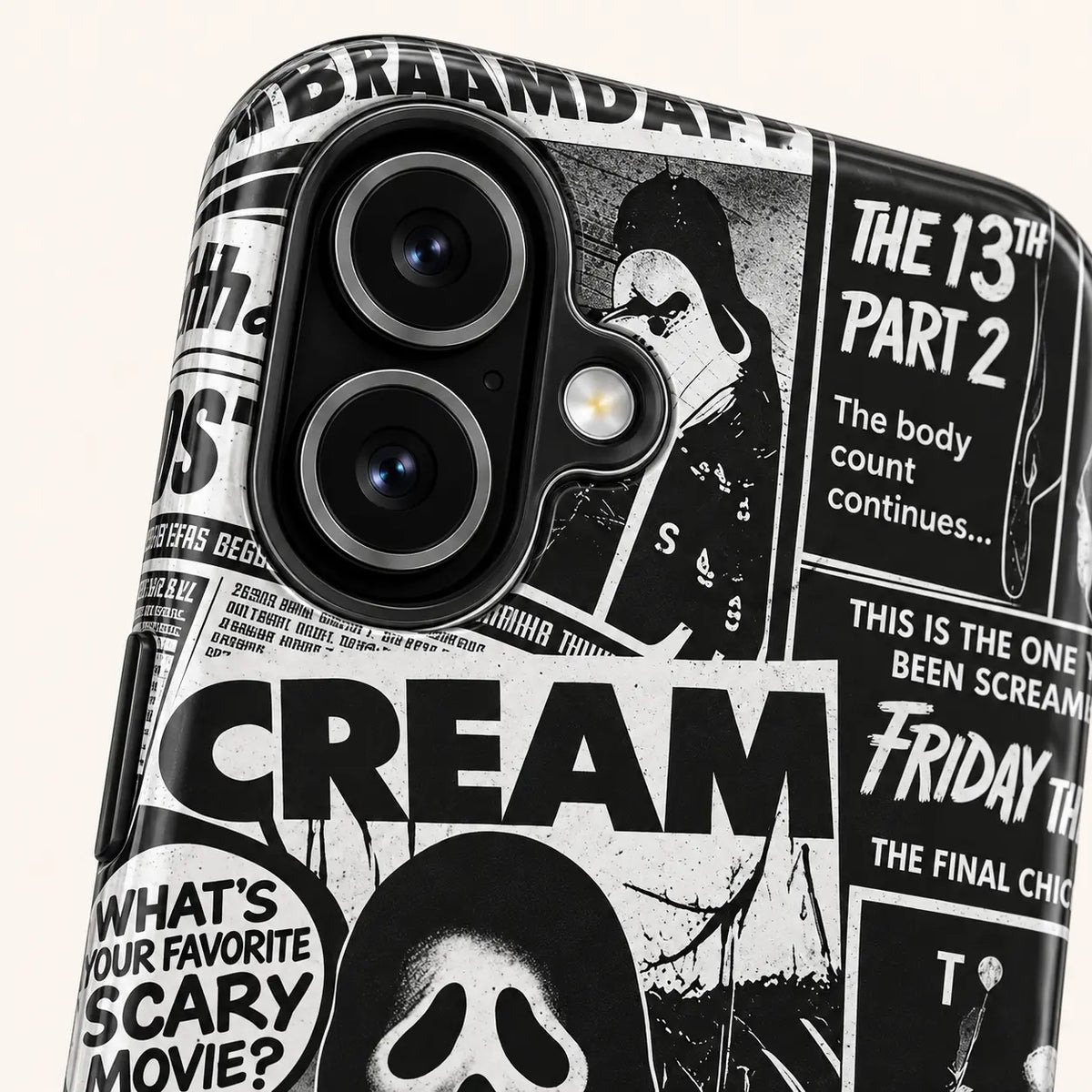 Side view of Friday the 13th horror collage phone case with three button covers