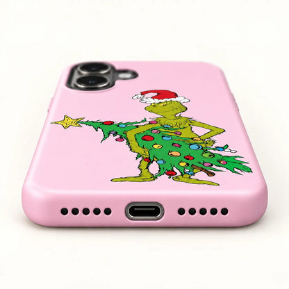 Bottom charging port and speaker holes on the Pink Mean One Christmas Tree phone case
