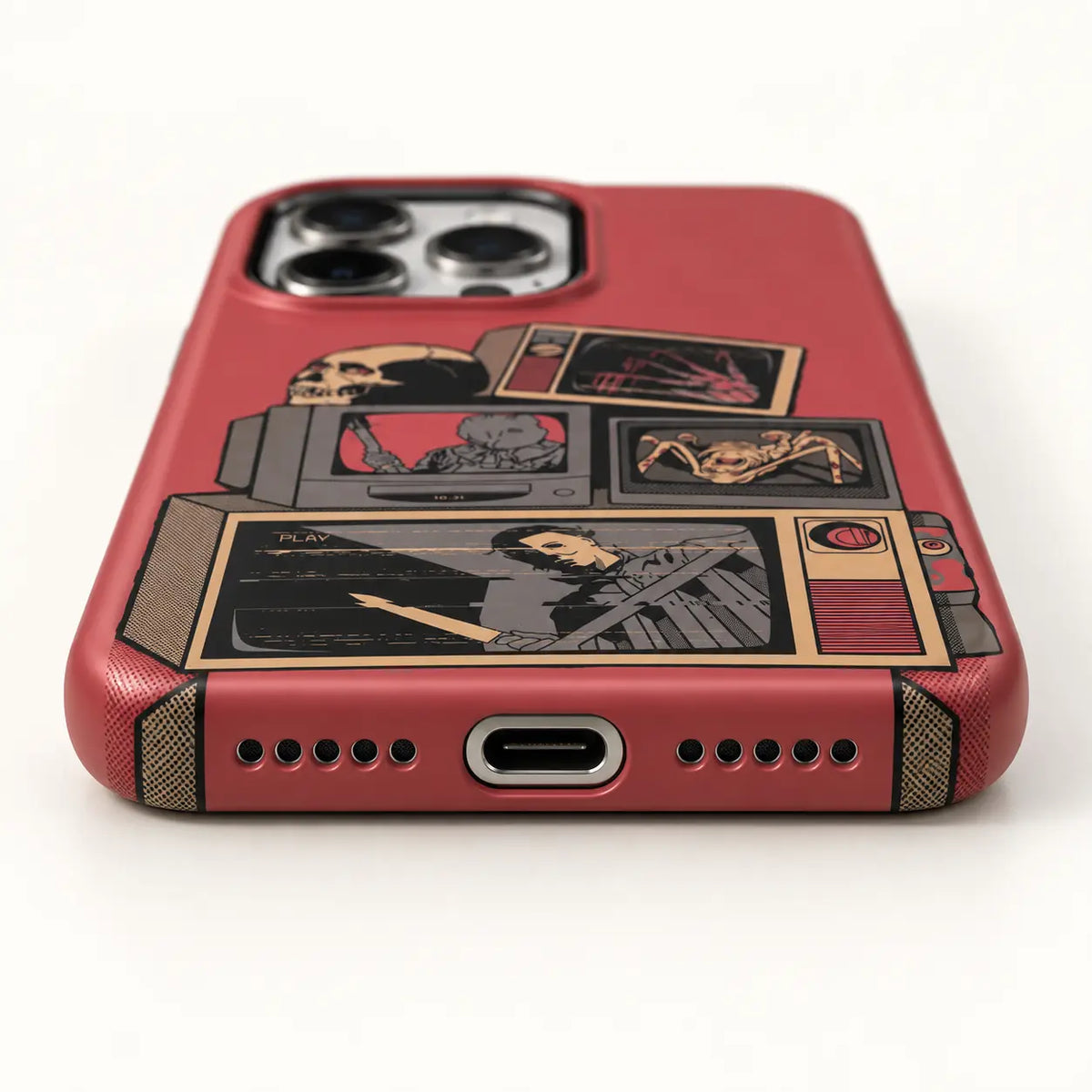 USB-C and speaker opening detail on Retro Horror TV case