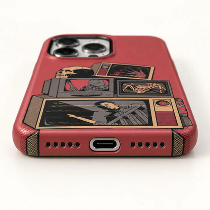 USB-C and speaker opening detail on Retro Horror TV case