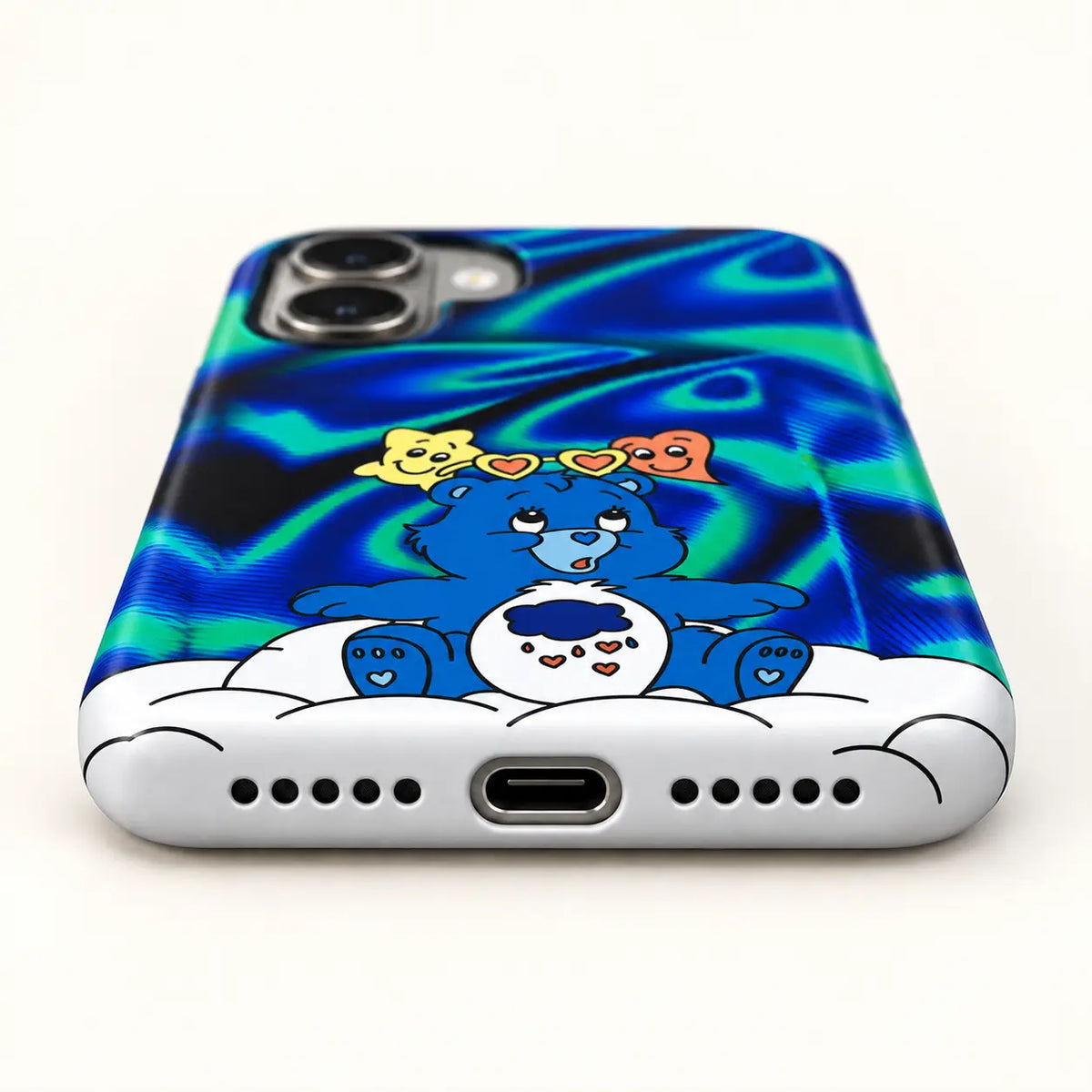 Bottom charging port and speaker holes on the Blue Holiday Bear Christmas phone case