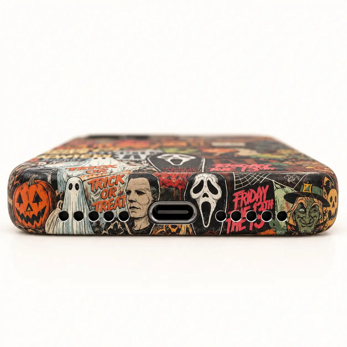 USB-C and speaker opening detail on Retro Horror iPhone 16 case