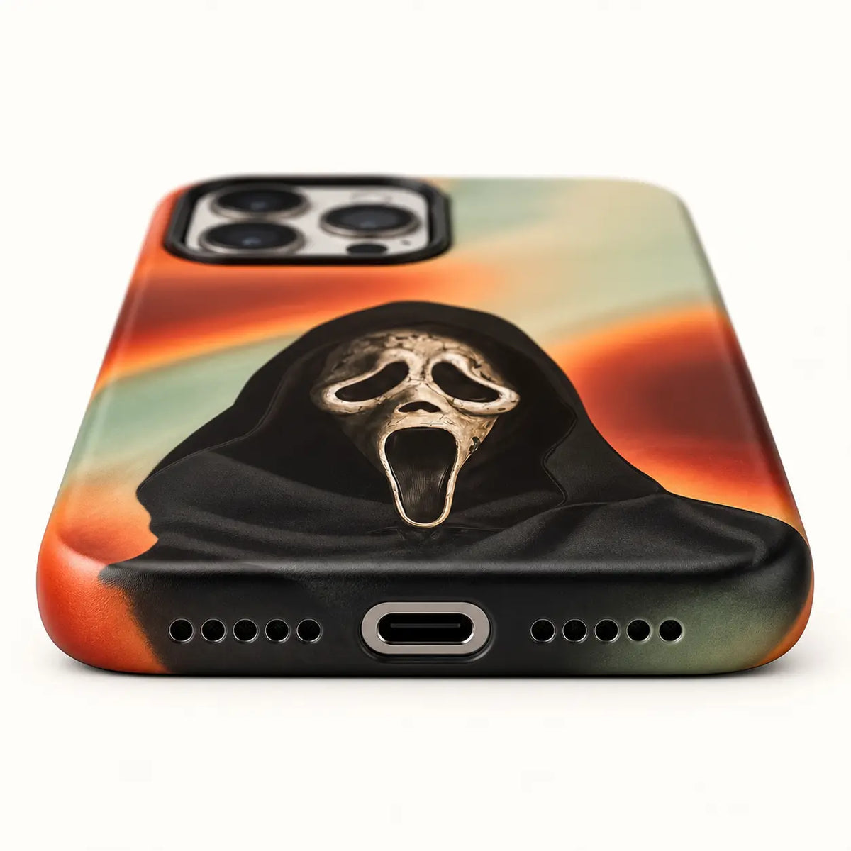 USB-C and speaker opening detail on hooded mask phone case