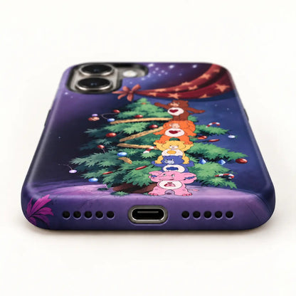 Bottom-port detail of the purple Christmas iPhone case with centered port and speaker holes