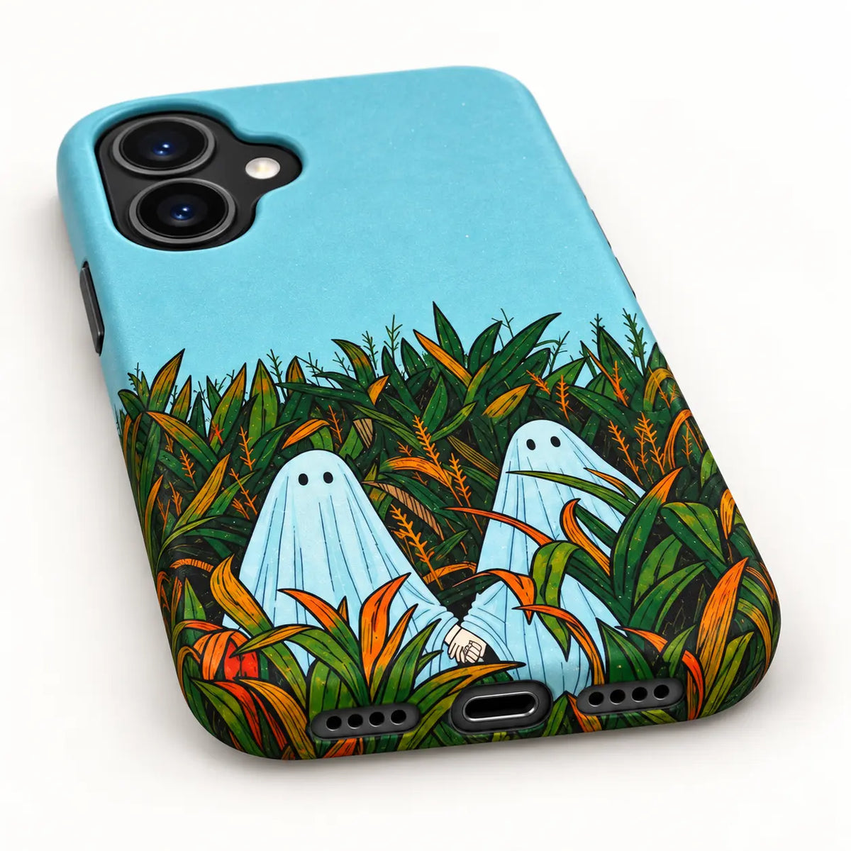 Bottom charging port and speaker detail of cornfield ghost phone case
