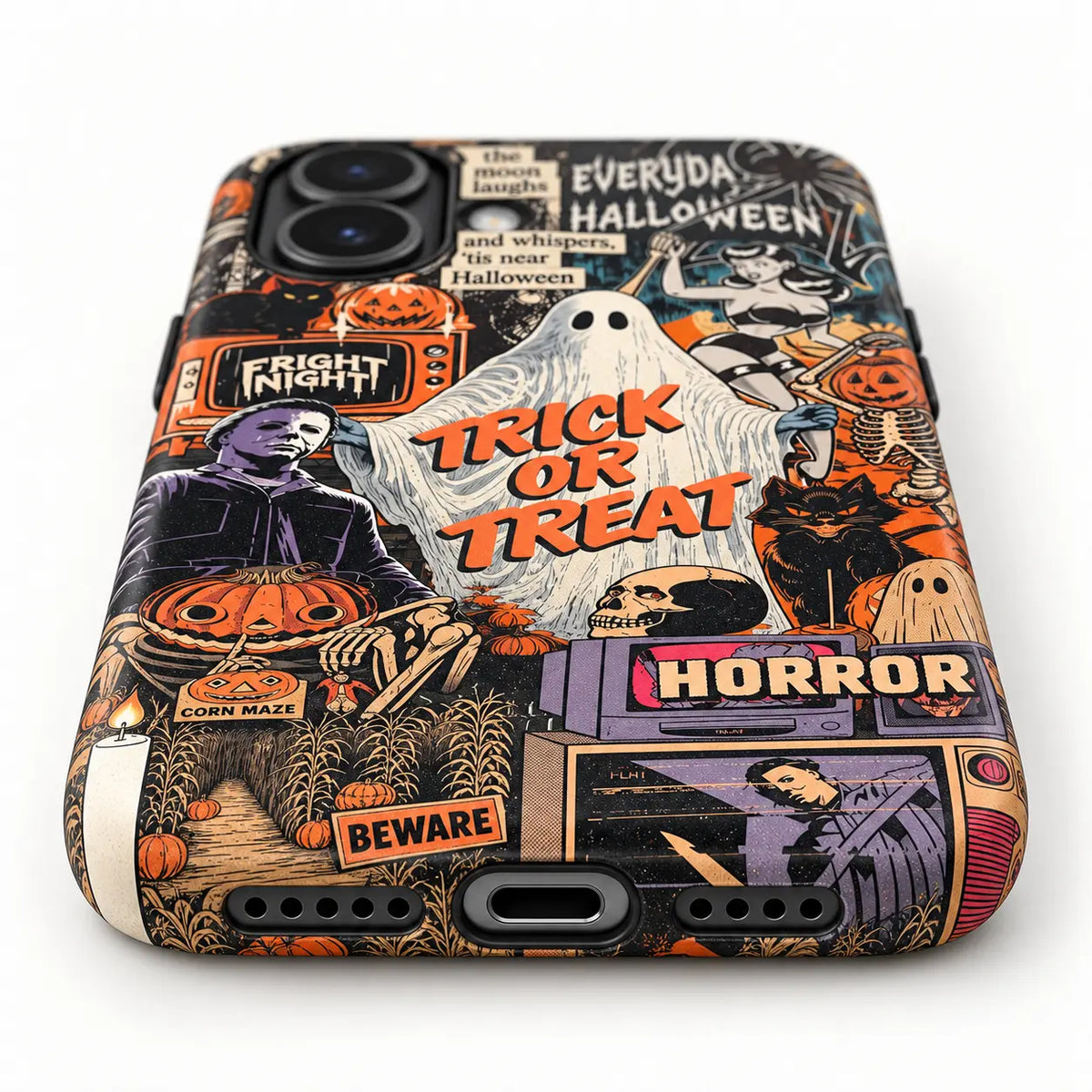 Charging-port and speaker detail of Halloween film phone case