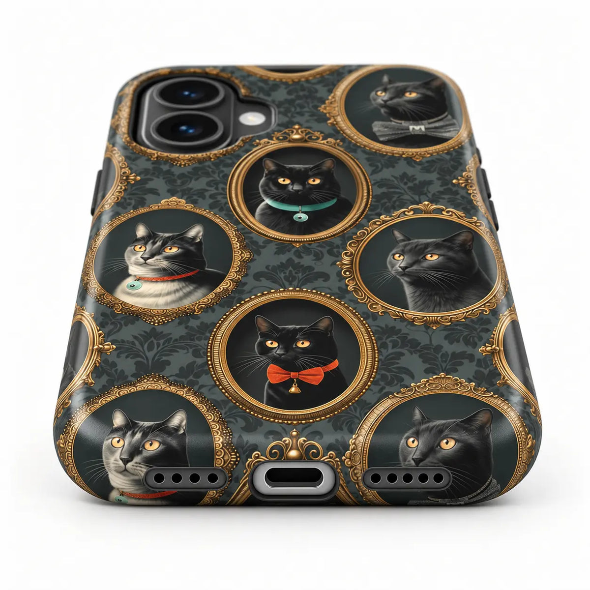 Charging-port and speaker detail of black-cat film phone case