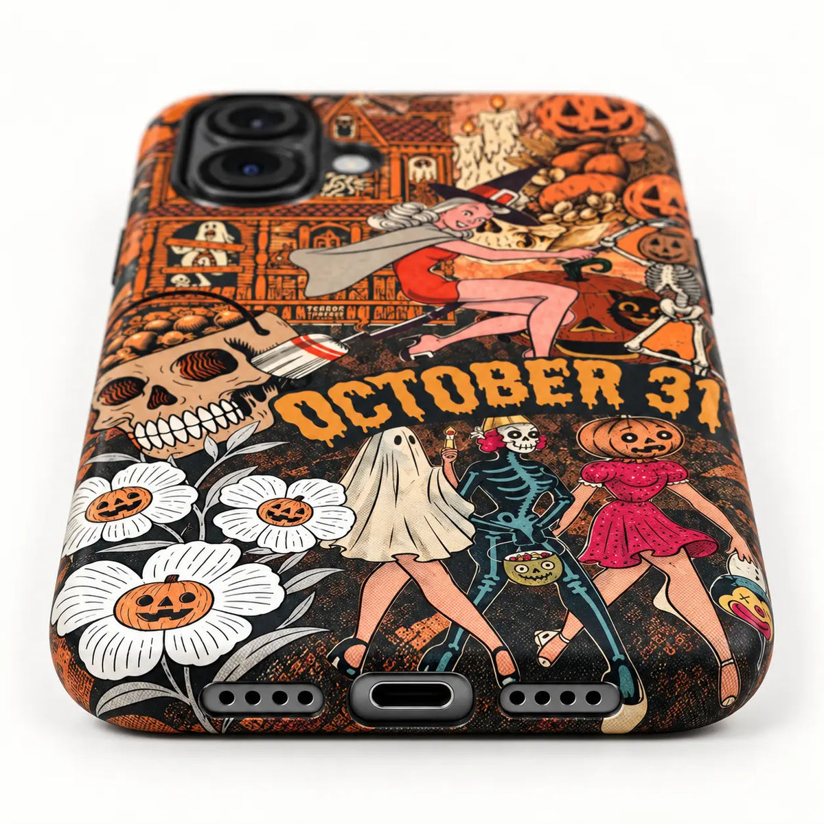 Charging-port and speaker detail of October 31 phone case