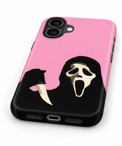 Bottom charging port and speaker detail of pink horror phone case