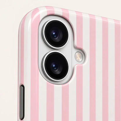 05-iphone-bottom-detail.png: iPhone bottom close-up showing charging and speaker openings: pink and white vertical stripes; one right-facing mallard with lowered wings.