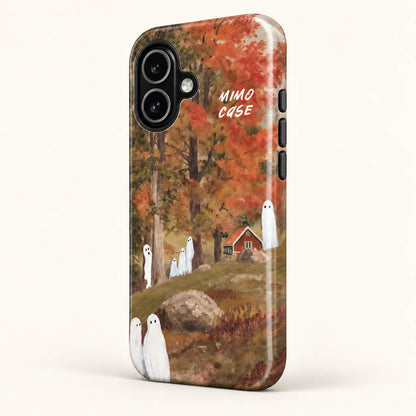 Side view of autumn ghost forest phone case with three button covers
