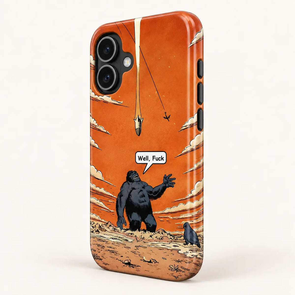 Close-up of raised camera protection on the orange gorilla comic phone case