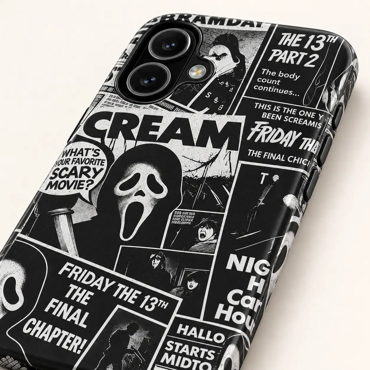 Close-up of raised camera protection on the Friday the 13th horror collage phone case
