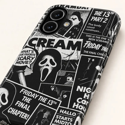 Close-up of raised camera protection on the Friday the 13th horror collage phone case