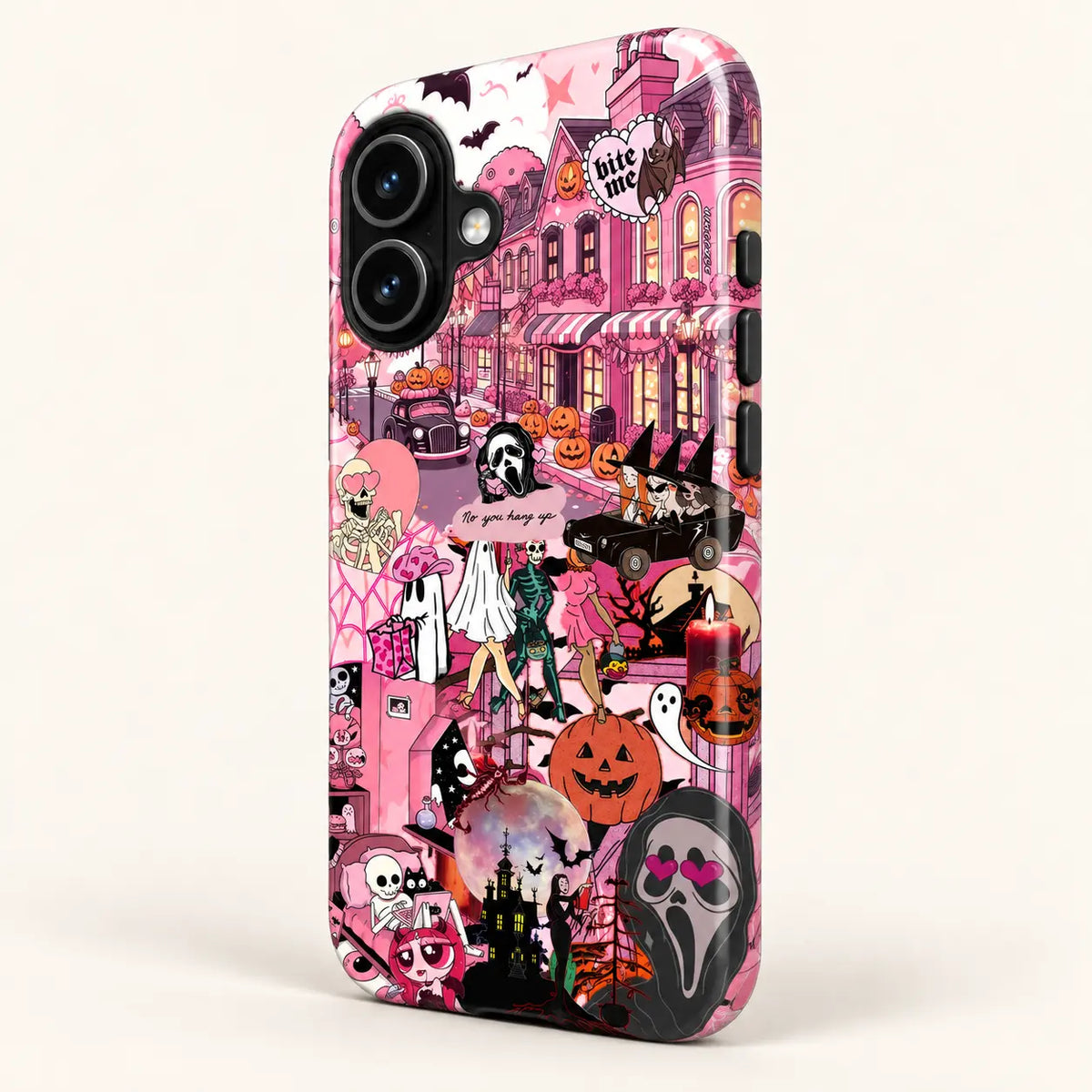 Side view of pink Halloween collage phone case with three button covers