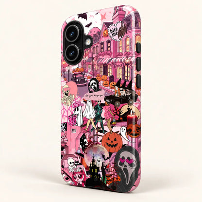 Side view of pink Halloween collage phone case with three button covers