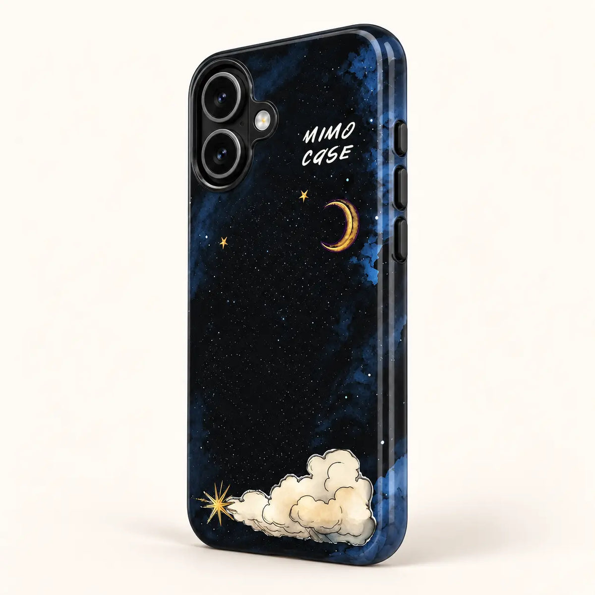 Side view of midnight crescent moon phone case with three button covers