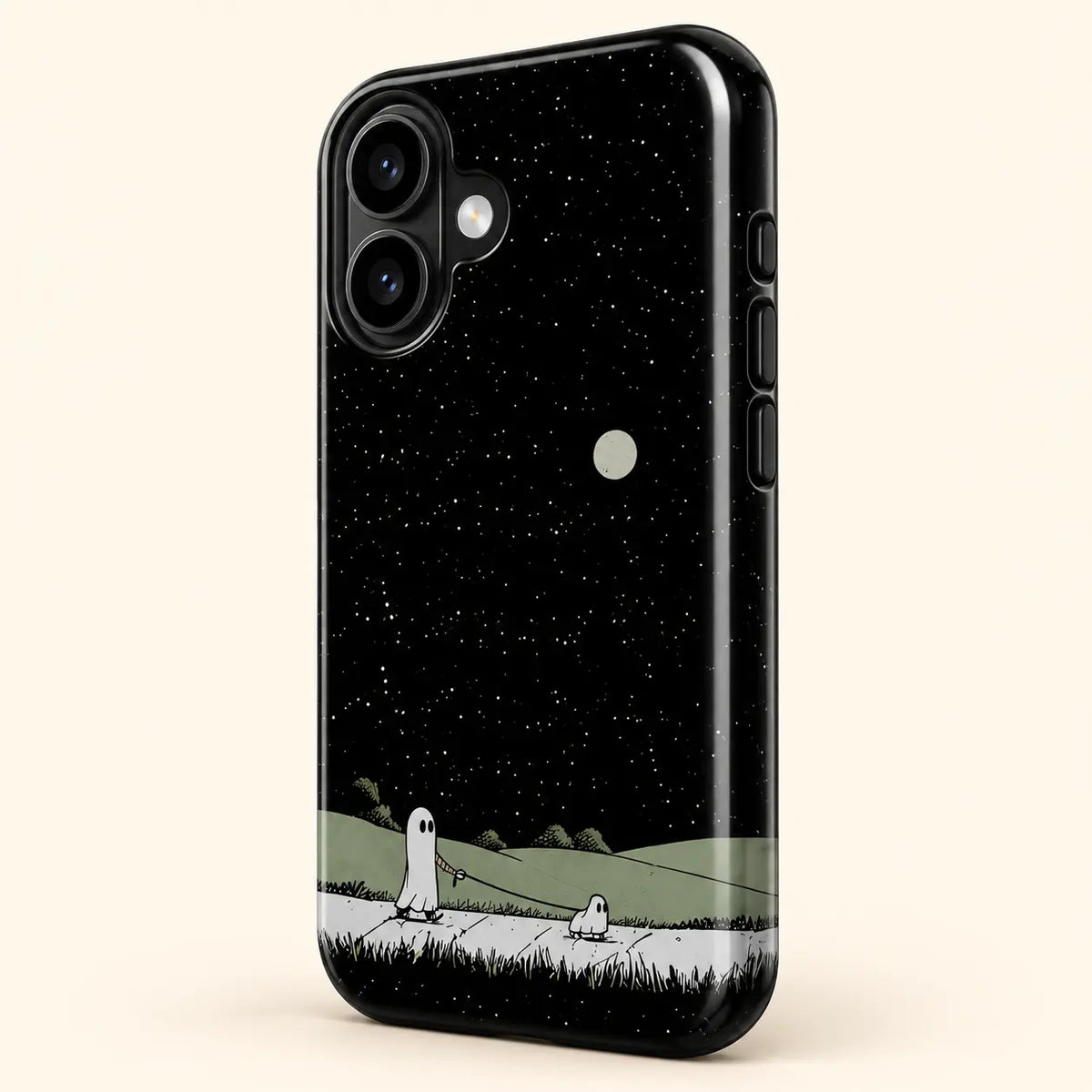 Full-wrap black starry sky and walking ghosts phone case print detail
