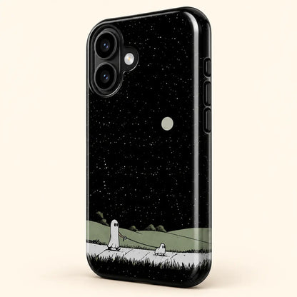 Full-wrap black starry sky and walking ghosts phone case print detail