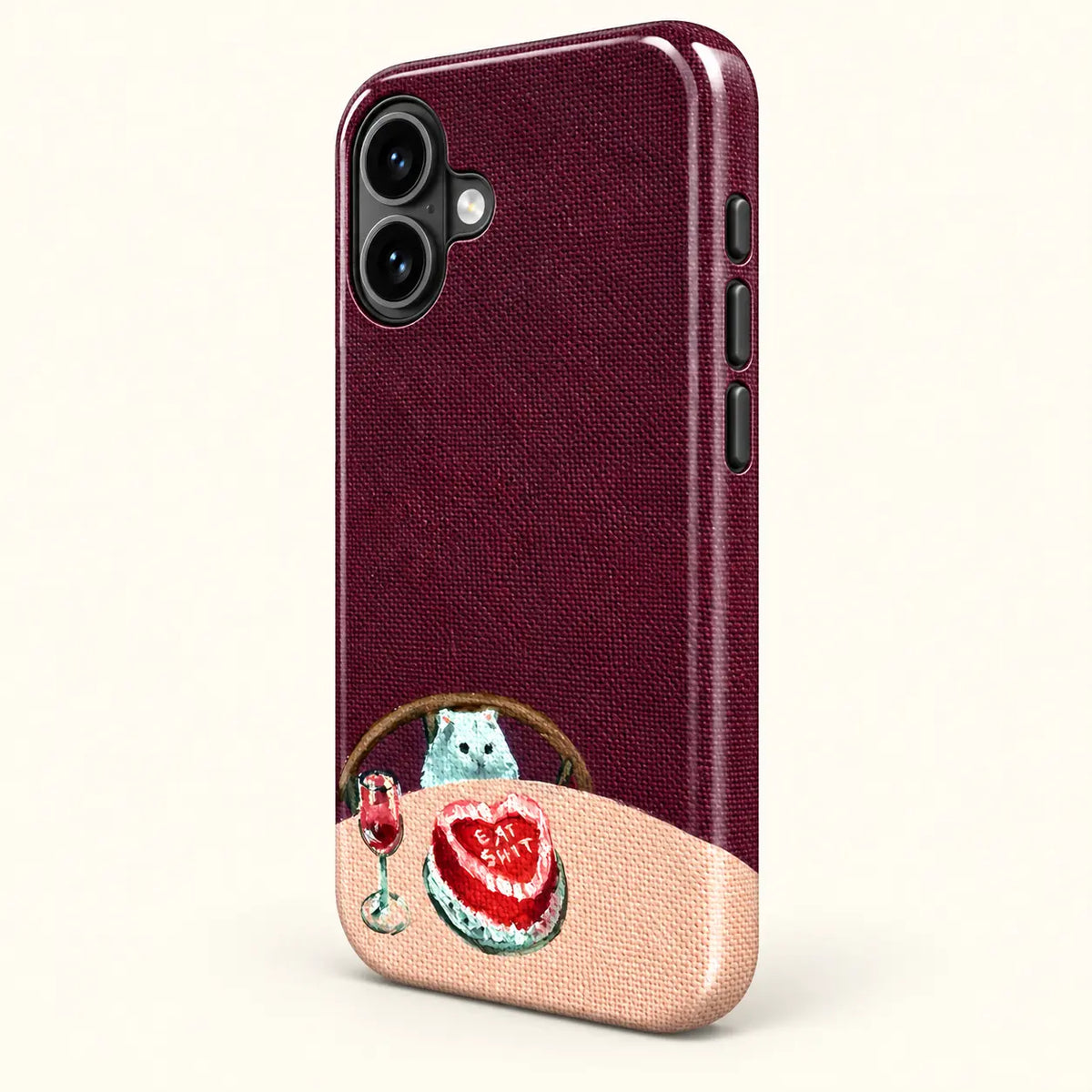 Full-wrap burgundy textile cat and heart cake phone case print detail